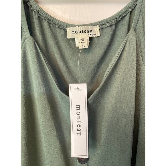 NWT MONTEAU Short Sleeve Top Blouse Large Moss Green Button Up Bell Sleeves - Picture 2 of 4
